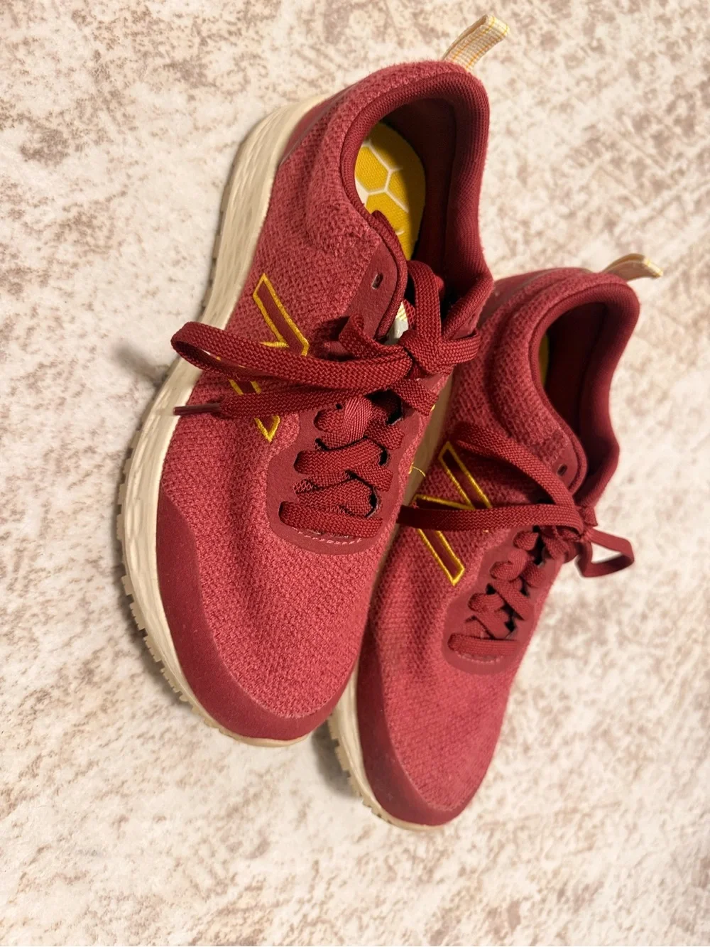 New Balance Men's Burgundy Knit Athletic Shoes with Yellow Accents